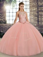 Stylish Floor Length Peach Sweet 16 Dress Tulle Sleeveless Embroidery(SKU SJQDDT2117002-1BIZ)