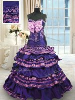 Taffeta Sleeveless With Train Quinceanera Dresses Sweep Train and Appliques and Ruffled Layers and Bowknot