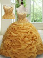Straps With Train Zipper Quinceanera Dresses Gold for Military Ball and Sweet 16 and Quinceanera with Beading and Pick Ups Brush Train