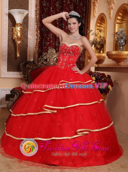 Tamboril Dominican Republic Stylish Red Ruffles Layered Sweetheart Ball Gown Quinceanera Dress With Satin and Tulle Beading Decorate - Click Image to Close