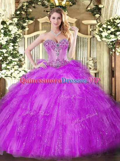 Adorable Fuchsia Tulle Lace Up Sweet 16 Quinceanera Dress Sleeveless Floor Length Beading and Ruffles - Click Image to Close