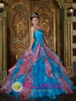 Libby Montana/MT Remarkable Sky Blue and Watermelon Red Lace Up Beading and Ruffles Decorate Bodice For Quinceanera Dress Strapless Organza Ball Gown