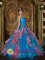 Libby Montana/MT Remarkable Sky Blue and Watermelon Red Lace Up Beading and Ruffles Decorate Bodice For Quinceanera Dress Strapless Organza Ball Gown
