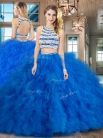 Luxurious Scoop Blue Two Pieces Beading and Ruffles Quinceanera Dress Backless Tulle Sleeveless Floor Length(SKU SXQD046BIZ)