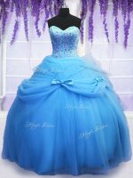 Blue Tulle Lace Up Sweetheart Sleeveless Floor Length Quince Ball Gowns Beading and Bowknot