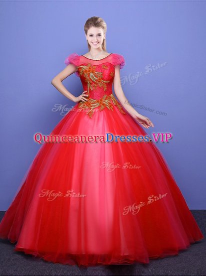 Cute Floor Length Coral Red Sweet 16 Dress Scoop Short Sleeves Lace Up - Click Image to Close