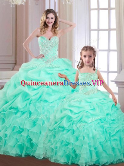 Apple Green Organza Lace Up Ball Gown Prom Dress Sleeveless Floor Length Beading and Ruffles and Pick Ups - Click Image to Close