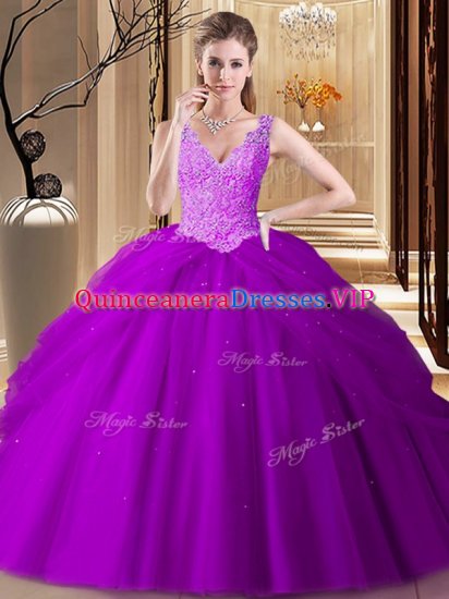 Sleeveless Tulle Floor Length Backless Sweet 16 Dresses in Purple with Appliques and Pick Ups - Click Image to Close