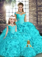 Popular Aqua Blue Ball Gowns Organza Off The Shoulder Sleeveless Beading and Ruffles Floor Length Lace Up Quinceanera Dresses(SKU YSQD087-LGBIZ)