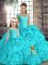 Popular Aqua Blue Ball Gowns Organza Off The Shoulder Sleeveless Beading and Ruffles Floor Length Lace Up Quinceanera Dresses