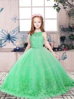 Exquisite Tulle Scoop Sleeveless Backless Lace and Appliques Little Girl Pageant Dress in Green