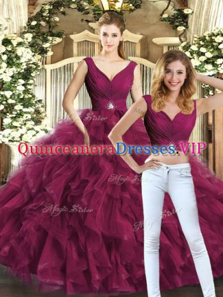 Hot Selling Burgundy V-neck Backless Beading and Ruffles 15 Quinceanera Dress Sleeveless