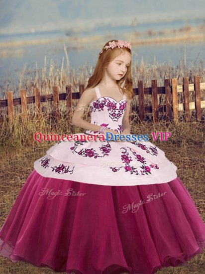 Sleeveless Floor Length Lace Up Pageant Gowns For Girls in Fuchsia with Embroidery and Bowknot - Click Image to Close