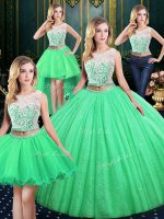 Fitting Four Piece Sequins Ball Gowns Party Dress for Toddlers Scoop Tulle and Sequined Sleeveless Floor Length Lace Up