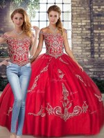 Red Off The Shoulder Neckline Beading and Embroidery Vestidos de Quinceanera Sleeveless Lace Up