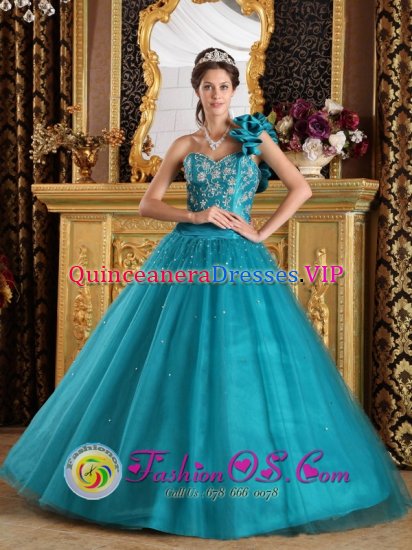 Jackson New Jersey/ NJ Stunning A-Line / Princess Turquoise One Shoulder Quinceanera Gowns With Tulle Beaded Decorate - Click Image to Close