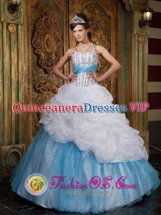 Conrad Montana/MT A-line Lovely Organza White and Baby Blue For Quinceanera Dress Halter Beading and Pick-ups