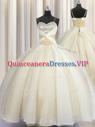 Custom Made Spaghetti Straps Champagne Organza Lace Up 15th Birthday Dress Sleeveless Floor Length Beading and Ruching