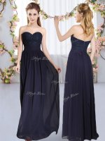 Modern Navy Blue Chiffon Zipper Quinceanera Court Dresses Sleeveless Floor Length Beading and Lace