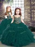 Peacock Green Pageant Gowns For Girls Party and Sweet 16 and Wedding Party with Beading and Ruffles Straps Sleeveless Lace Up
