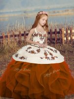 Rust Red Pageant Dress Womens Party and Wedding Party with Embroidery and Ruffles Straps Sleeveless Lace Up