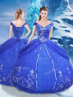Dynamic Blue Tulle Lace Up V-neck Short Sleeves Floor Length Ball Gown Prom Dress Appliques