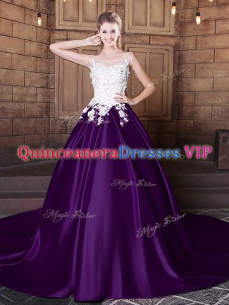 Beautiful Dark Purple Scoop Lace Up Lace and Appliques 15th Birthday Dress Court Train Sleeveless
