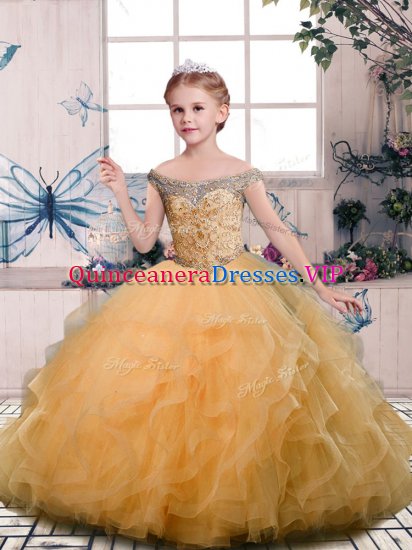 Gorgeous Gold Tulle Lace Up Off The Shoulder Sleeveless Floor Length Pageant Dress for Teens Beading and Ruffles - Click Image to Close