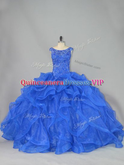 High Quality Royal Blue Lace Up Scoop Beading and Ruffles Quinceanera Dresses Organza Sleeveless Brush Train - Click Image to Close