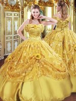 Super Gold Ball Gowns Tulle Strapless Sleeveless Beading and Appliques and Hand Made Flower Floor Length Lace Up Quinceanera Gown