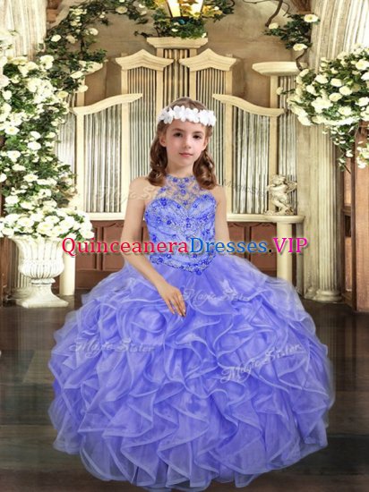 High Class Ball Gowns Kids Pageant Dress Lavender Halter Top Organza Sleeveless Floor Length Lace Up - Click Image to Close