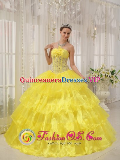 Penrhyndeudraeth Gwynedd Yellow Sweet Quinceanera Dress For Strapless Taffeta and Organza With Beading Ball Gown - Click Image to Close