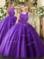 Purple Tulle Zipper 15 Quinceanera Dress Sleeveless Floor Length Beading and Appliques(SKU SJQDDT1226002BIZ)