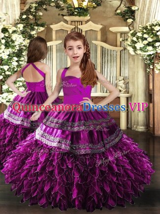 Unique Sleeveless Floor Length Appliques and Ruffles Lace Up Pageant Gowns with Purple