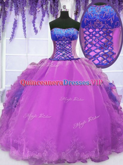 Purple Organza Lace Up Party Dress for Girls Sleeveless Floor Length Embroidery and Ruffles - Click Image to Close