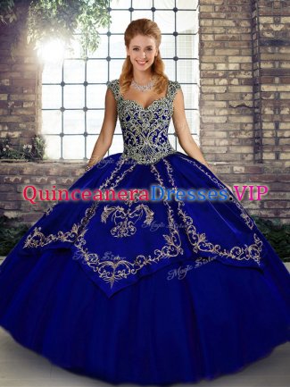 Lovely Blue Ball Gowns Beading and Embroidery 15th Birthday Dress Lace Up Tulle Sleeveless Floor Length