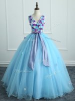 Sexy Light Blue Lace Up V-neck Appliques and Belt Quinceanera Dresses Organza Sleeveless