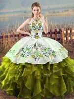 Olive Green Quinceanera Gown Sweet 16 and Quinceanera with Embroidery and Ruffles Halter Top Sleeveless Lace Up