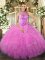 Customized Sleeveless Floor Length Beading and Ruffles Lace Up Sweet 16 Quinceanera Dress with Rose Pink