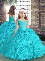 Aqua Blue Organza Lace Up Little Girls Pageant Dress Wholesale Sleeveless Floor Length Beading