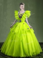 Affordable Yellow Green Sleeveless Appliques and Ruffles Floor Length Ball Gown Prom Dress