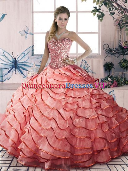 Top Selling Organza Sweetheart Sleeveless Brush Train Lace Up Beading and Ruffled Layers Quinceanera Gowns in Watermelon Red - Click Image to Close