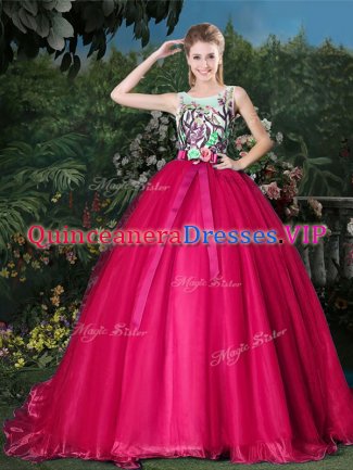 High Class Hot Pink Vestidos de Quinceanera Military Ball and Sweet 16 and Quinceanera with Appliques and Belt Scoop Sleeveless Brush Train Zipper