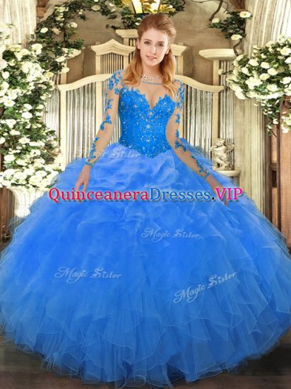 Fitting Scoop Long Sleeves Quinceanera Dresses Floor Length Lace and Ruffles Blue Organza - Click Image to Close