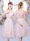 Dazzling Empire Quinceanera Court of Honor Dress Baby Pink Off The Shoulder Tulle Half Sleeves Tea Length Lace Up