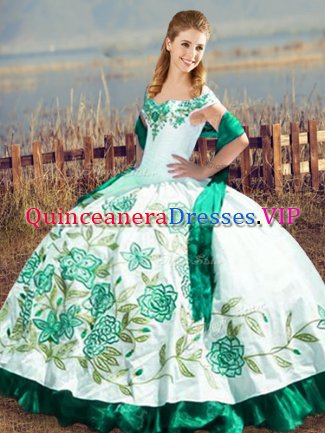 Green Quince Ball Gowns Sweet 16 and Quinceanera with Embroidery and Ruffles Off The Shoulder Sleeveless Lace Up