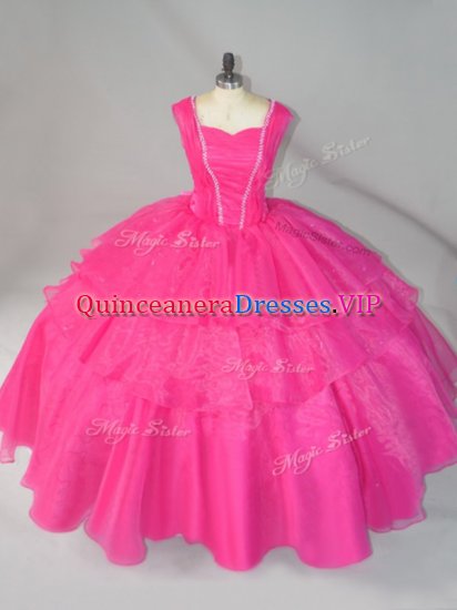 Hot Pink Organza Lace Up Quinceanera Dress Sleeveless Floor Length Beading - Click Image to Close