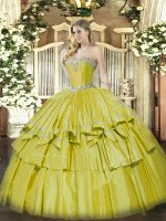 Sweetheart Sleeveless 15th Birthday Dress Floor Length Beading and Ruffled Layers Yellow Organza and Taffeta