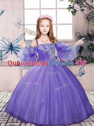 Nice Sleeveless Lace Up Floor Length Beading Little Girls Pageant Dress