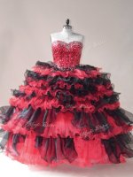 Luxury Red And Black Sleeveless Organza Lace Up 15th Birthday Dress for Sweet 16 and Quinceanera